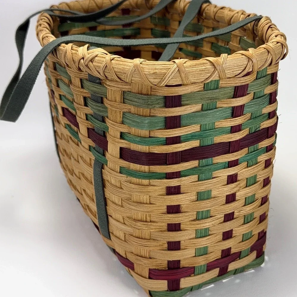 Vintage Woven Wicker Basket with Cloth Handles Tan Green Burgundy